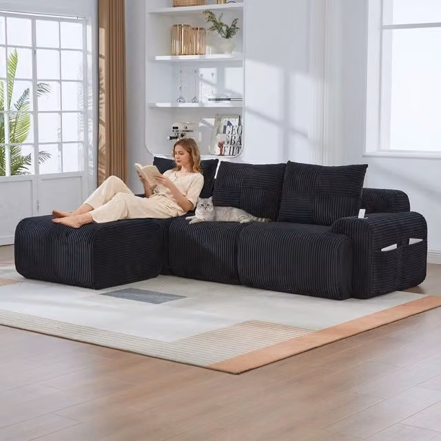 Divano 3 posti Nero con contenitore ¨C Minimal ¨C Tessuto con porta bevande e tasche laterali
