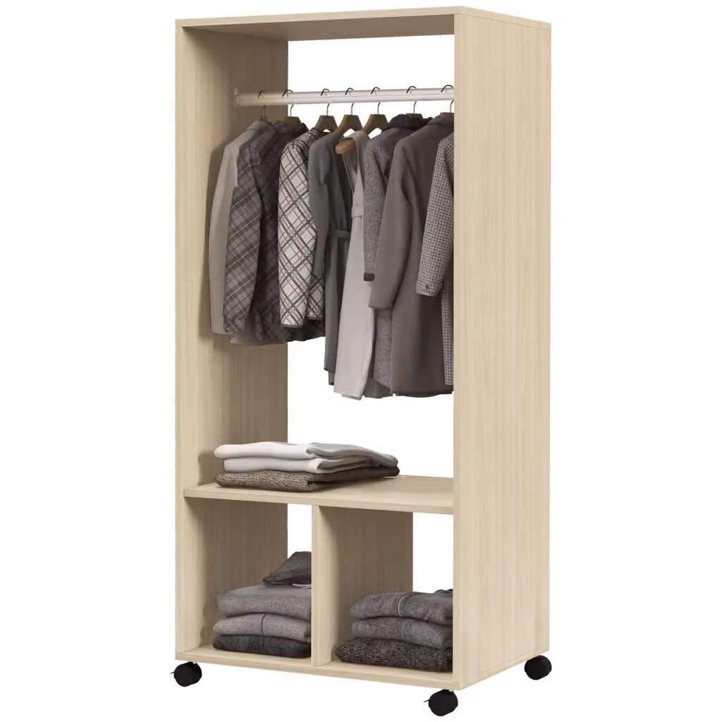 Armadio guardaroba con ruote XYLO con ripiani e barra appendiabiti, colore naturale, L 60 cm x P 40 cm x H 128 cm – 2