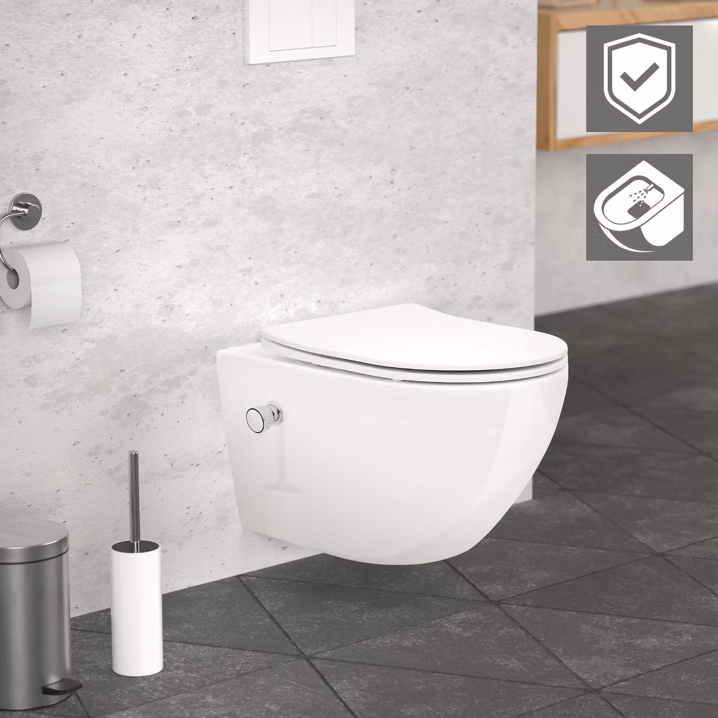 LuxeBath WC sospeso senza bordo con rivestimento nano, bianco, lungo, funzione bidet