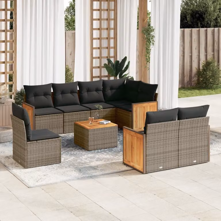 Set Divano da Giardino a L vidaXL 9 pz in Polyrattan Grigio con Cuscini e Tavolino