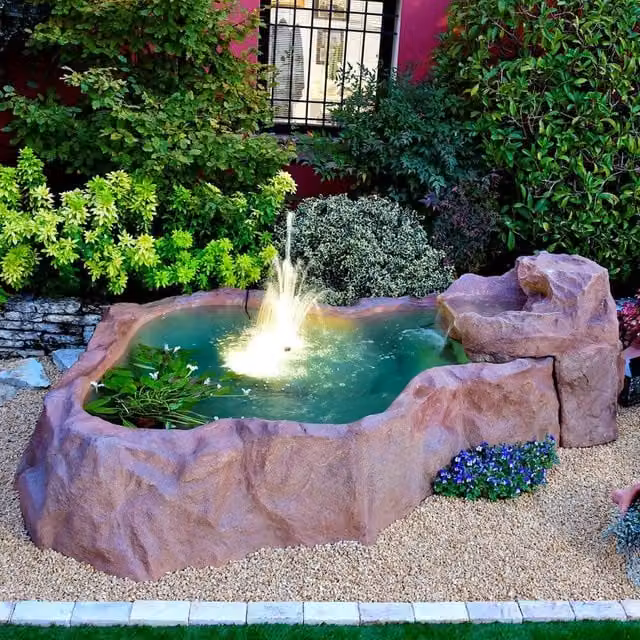 Laghetto Artificiale con Cascata GIORDANOSHOP in Fibreglass, Colore Marrone, L: 310 cm, P: 185 cm, H: 52 cm