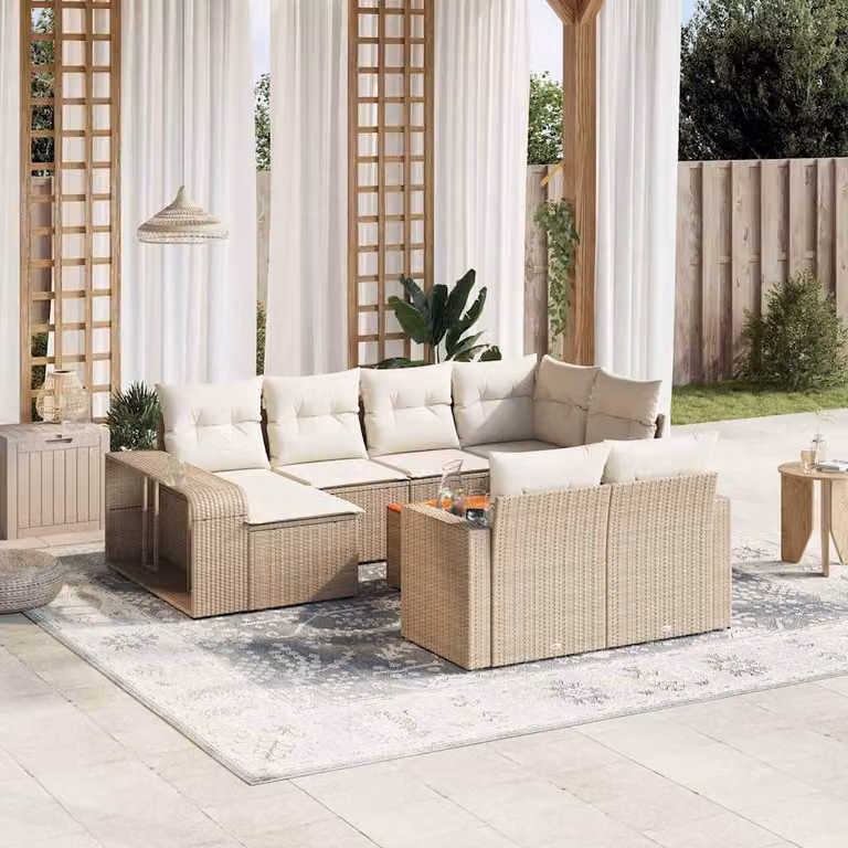 vidaXL Set Divani da Giardino 11 pz a Forma a U con Cuscini Beige e Tavolino da Caffè in Polyrattan e Acciaio