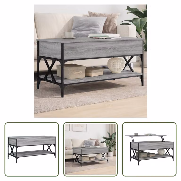 The Living Store Tavolino Grey Sonoma 100x50x50 cm Materiale a base di legno e metallo