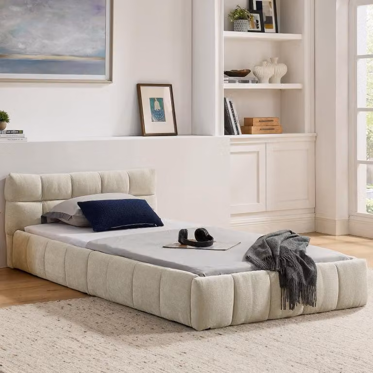 Letto singolo 90*200 cm, letto per bambini con rivestimento in ciniglia morbida come la seta, design trapuntato a quadri, beige (senza materasso)