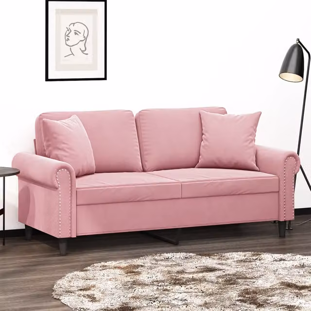 Divano a 2 posti moderno vidaXL in velluto rosa con cuscini e struttura in metallo
