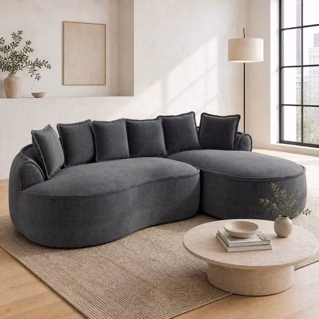 Divano angolare modulare MIVRAY in velluto grigio con chaise longue a sinistra e cuscini inclusi