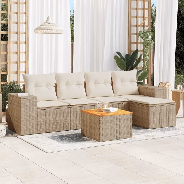Set Divano da Giardino vidaXL 6 pz a Forma a L in Polyrattan con Cuscini Beige e Tavolino