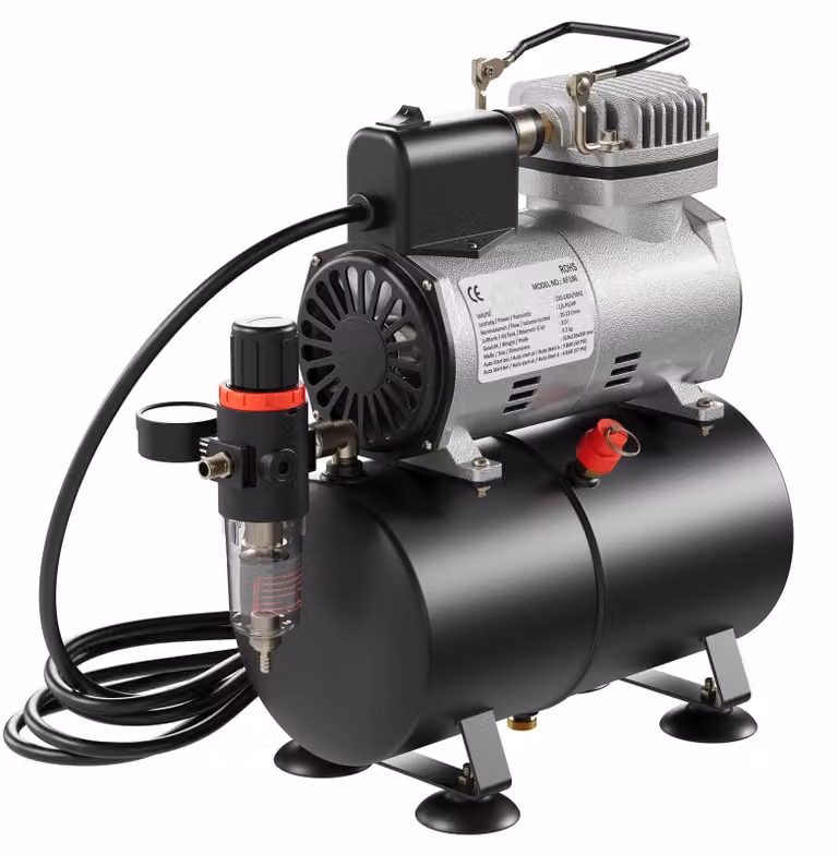 Compressore per aerografo - Serbatoio dell'aria - Regolatore 4 bar - Senza olio - 47 dB - Start-stop