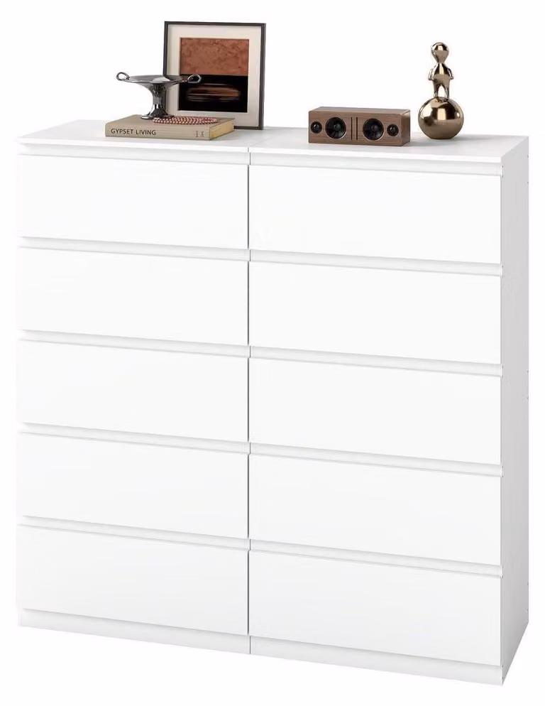 Comodino e credenza, colore bianco, 5 cassetti, set da 2 pezzi