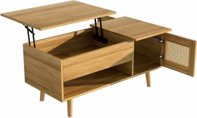 Tavolino da salotto moderno GL Store con piano sollevabile e ante in rattan e legno, L/P/H: 103 x 50 x 46 cm, disponibile nei colori sabbia, marrone o nero – 1
