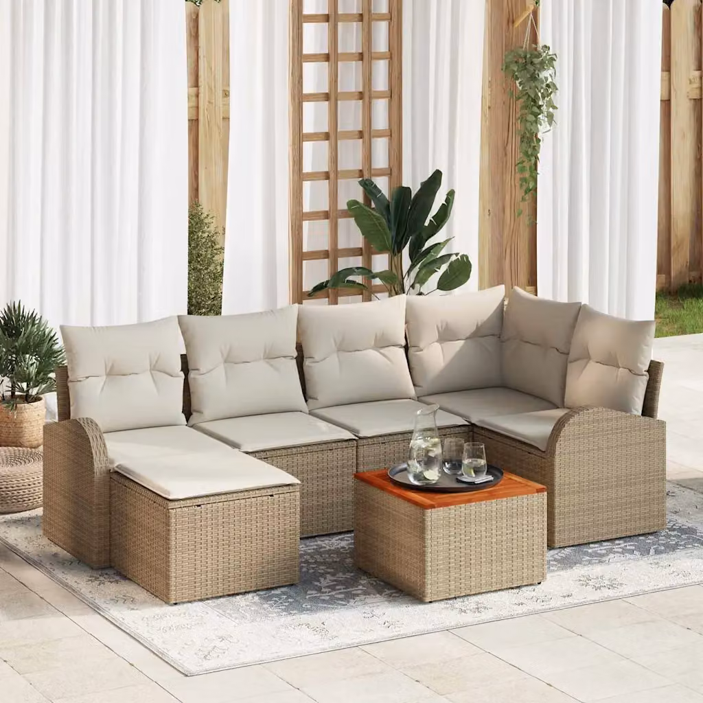 Set Divano da Giardino vidaXL a L con 7 Pezzi Beige, Polyrattan e Cuscini Inclusi