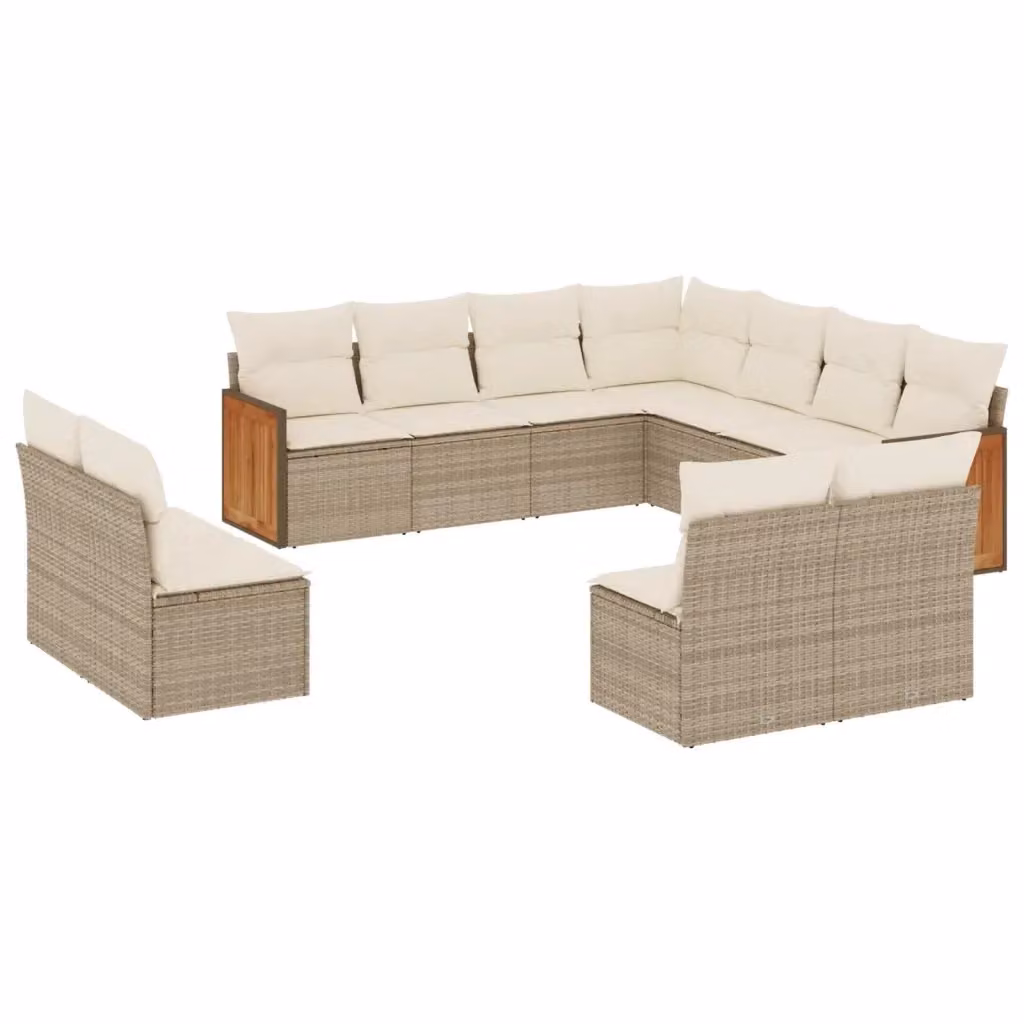 Set di divani da giardino vidaXL in polyrattan con cuscini beige e struttura in legno di acacia 11 pezzi – 2