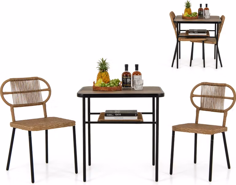 COSTWAY 3-TLG. Set di mobili da giardino, mobili da balcone con 2 sedie in rattan e tavolo da pranzo, mobili da patio in rattan salvaspazio, gruppo di sedute da esterno