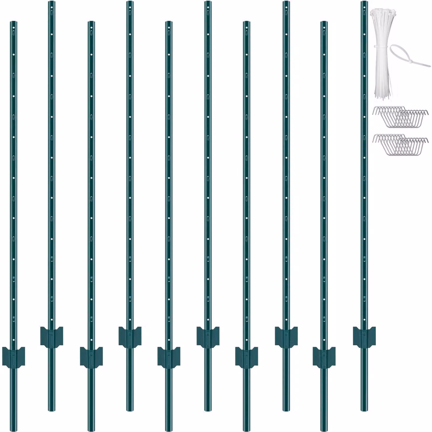Pali di recinzione, altezza 1,5 metri, 10 pezzi, in acciaio, color verde, con fascette e clip