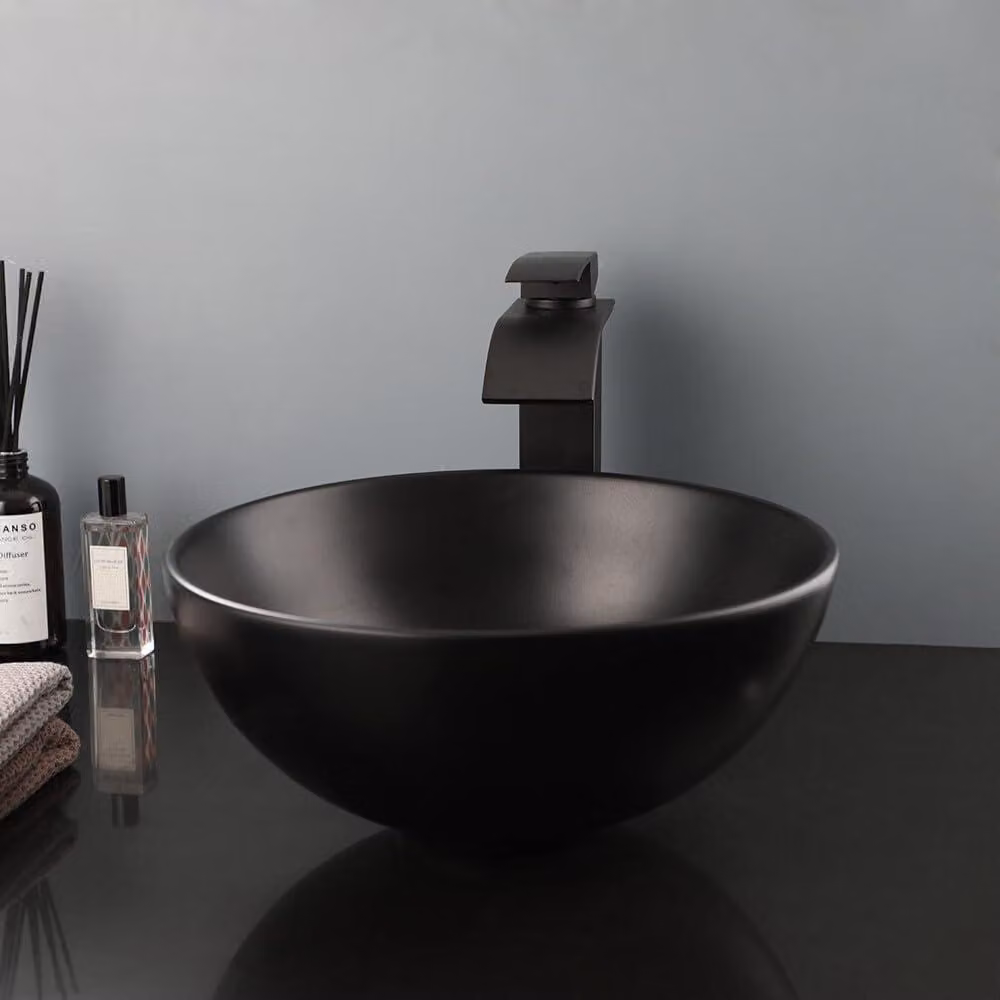 Lavabo rotondo in Vetroceramica, diametro 32 cm, colore nero, completo di rubinetto e scarico