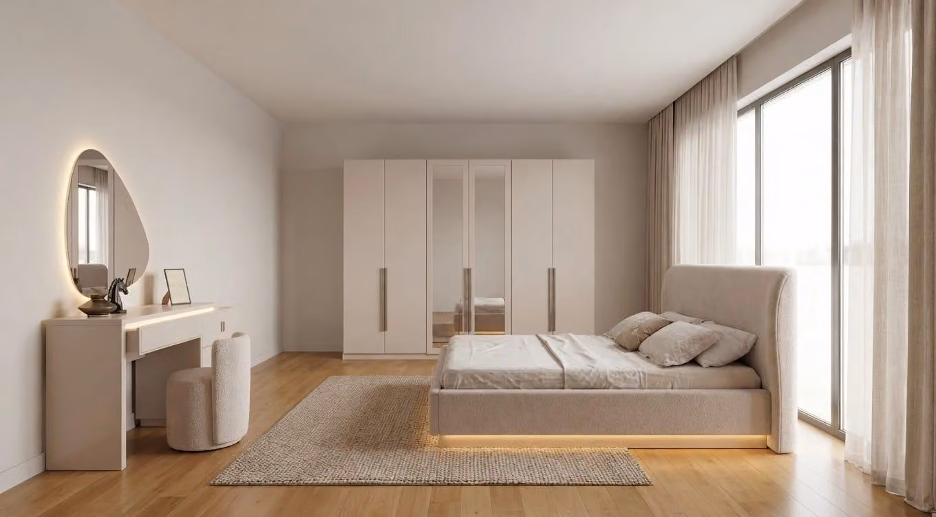Set completo per camera da letto letto, armadio, comò da trucco, moderno, con poggiapiedi