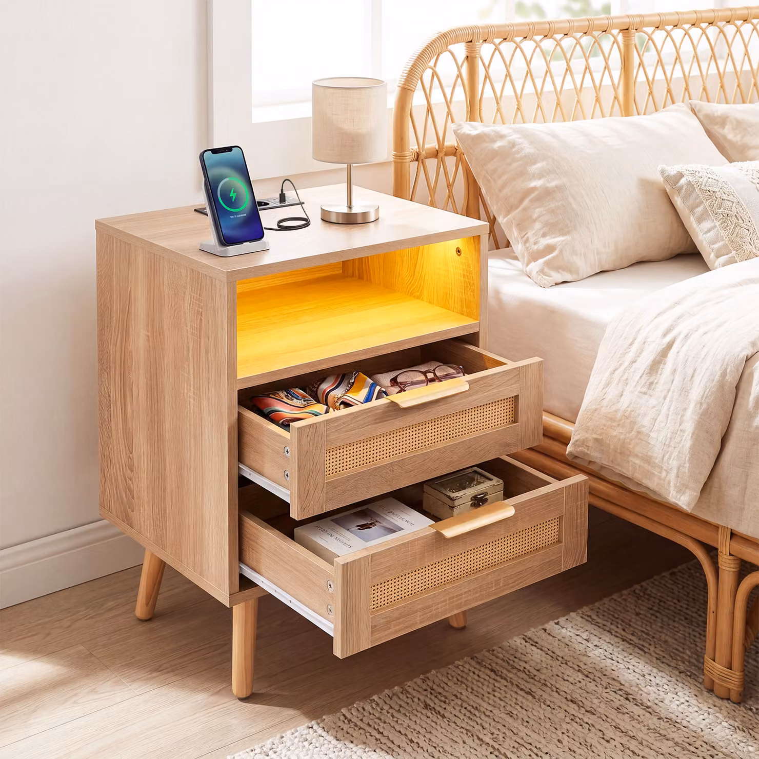 Set di 2 comodini moderni Costway in legno marrone con stazione di ricarica e illuminazione integrata regolabile per camera da letto