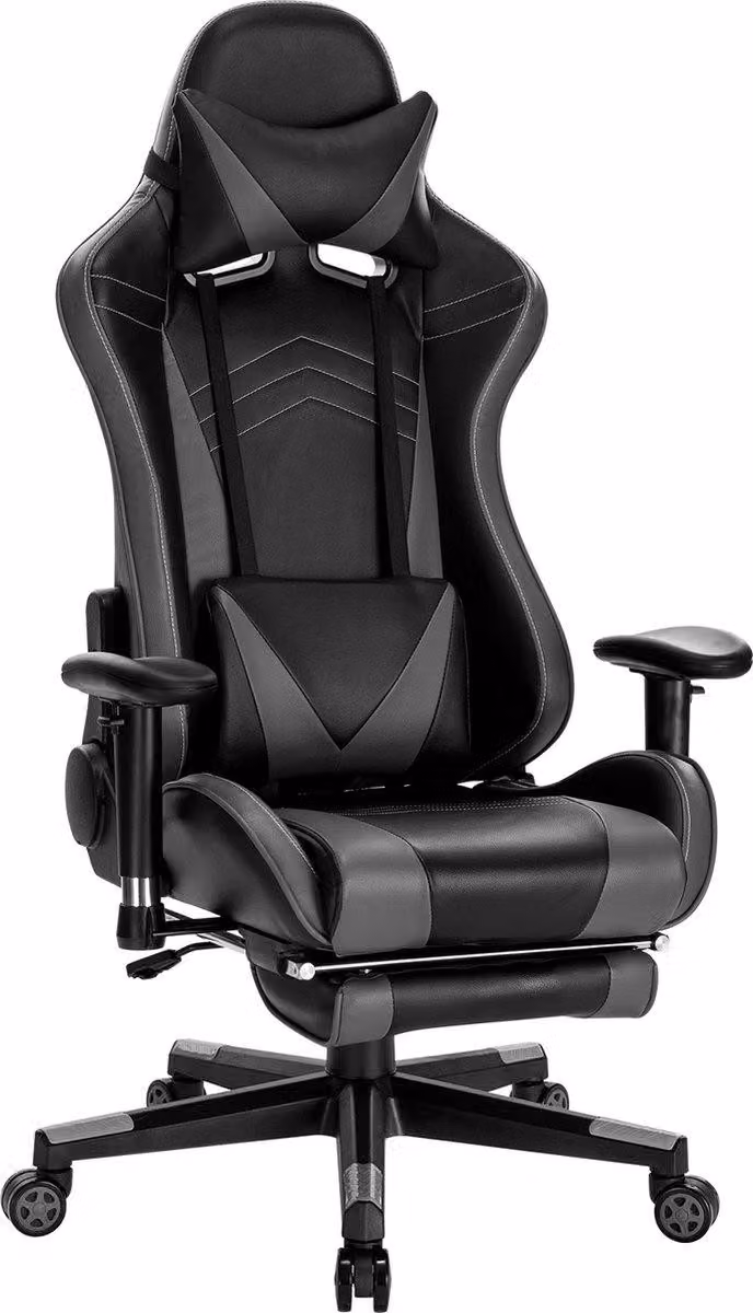Sedia da gioco – Grigia – Con poggiapiedi – Regolabile in altezza – Sedia da gioco ergonomica – Pelle finta