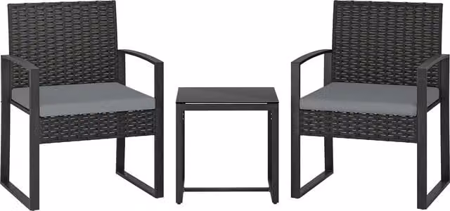 Set di mobili da giardino Outsunny in rattan sintetico grigio con tavolo in vetro e 2 sedie con cuscini removibili