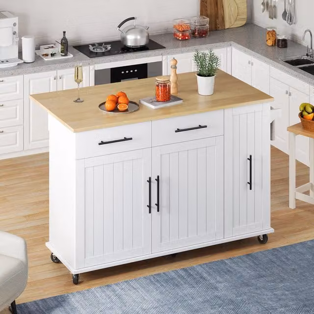 Carrello da cucina con piano ribaltabile, 2 cassetti, organizer estraibile a 3 livelli e portasciugamani, bianco naturale