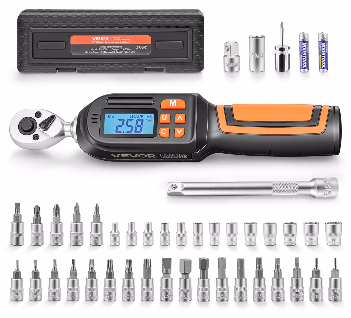 VEVOR Set di Chiavi Dinamometriche Digitali da 1/4"con 42 Pezzi, Cacciaviti Dinamometriche 4 Unità, Schermo LCD con Cicalino e Indicatore LED, con Bussole Inserti Prolunga e Adattatore, per Macchine