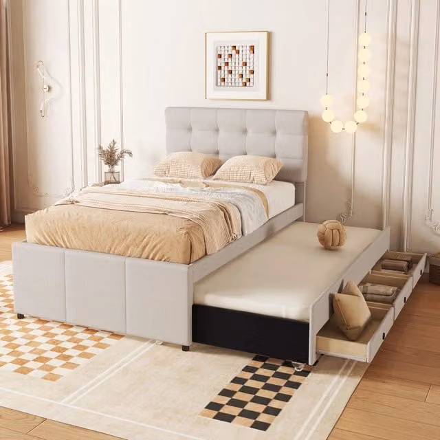 Letto Snido Imbottito 90x200cm con 3 cassetti e 90x190cm Roll Out in beige