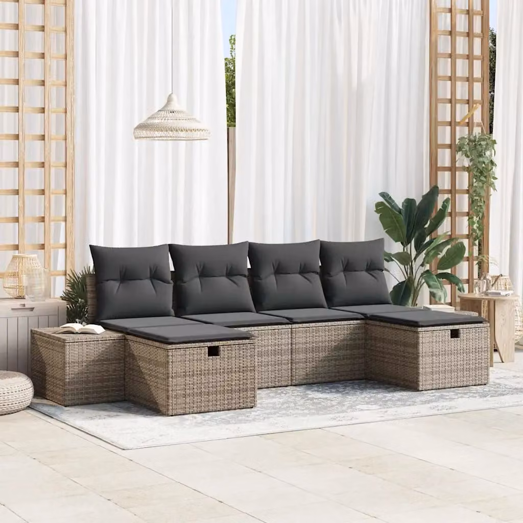 Set Divano da Giardino a L vidaXL in Polyrattan Grigio con Cuscini e Ottoman, 6 Pezzi – 1