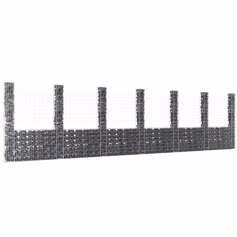 vidaXL Gabbione a U in metallo grigio con 7 pali in ferro L: 740 cm, P: 20 cm, H: 200 cm
