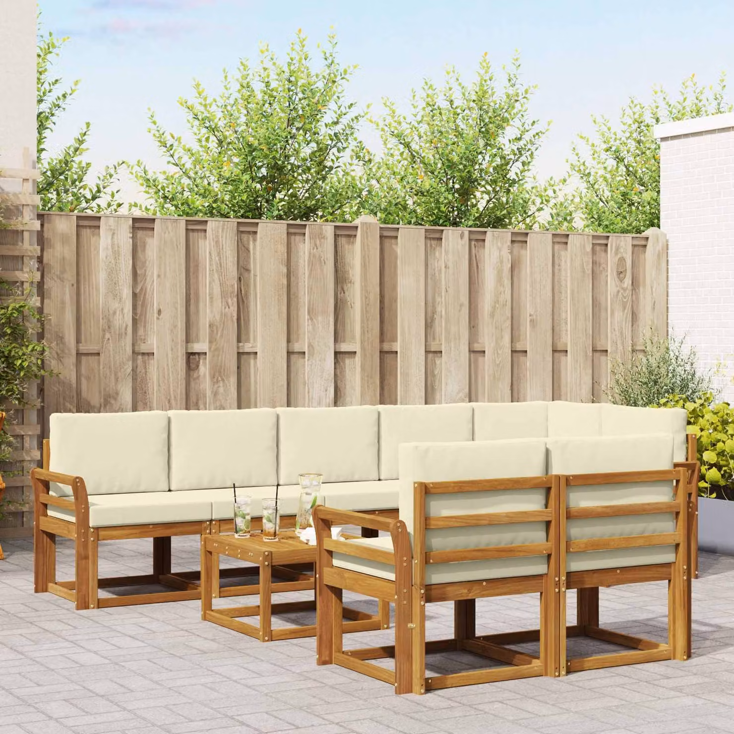 vidaXL Set di divani da esterno 9 pz in legno di acacia con cuscini, colore beige e marrone