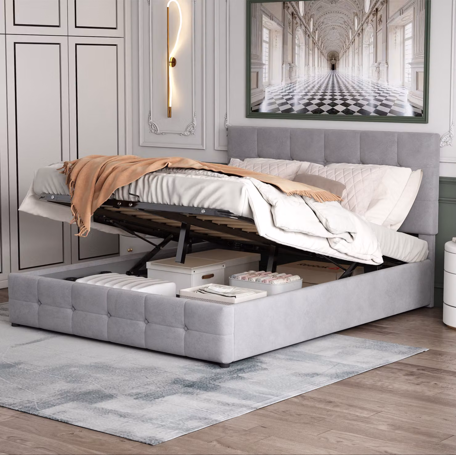 Letto imbottito Flieks 140x200cm con vano contenitore e rete a doghe, box spring idraulico letto matrimoniale letto contenitore letto per ragazzi in velluto, grigio