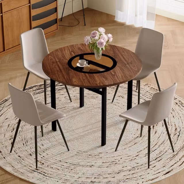 Set tavolo e sedie da pranzo con tavolo rotondo e 4 poltrone, ripiano in vetro, MDF, PU e metallo marrone, grigio caldo e nero