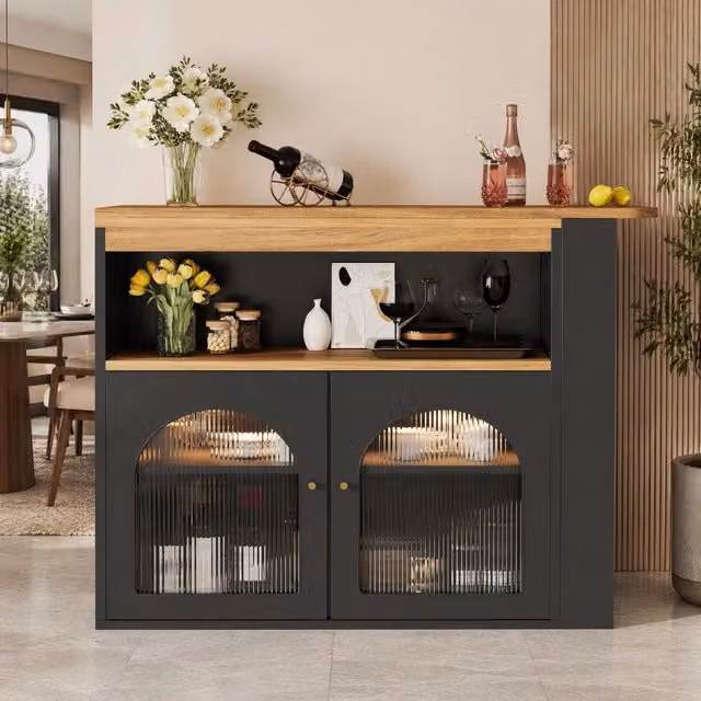 Tavolo da bar moderno allungabile 138-193x39x105 cm con LED regolabile e sistema di conservazione, nero