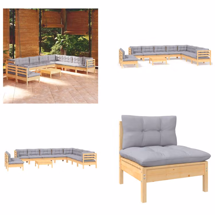 vidaXL set salotto da giardino 11 pezzi con cuscini grigi in pino massiccio - Set salotto da giardino - Set salotto da giardino - Set mobili da giardino - Set mobili da giardino