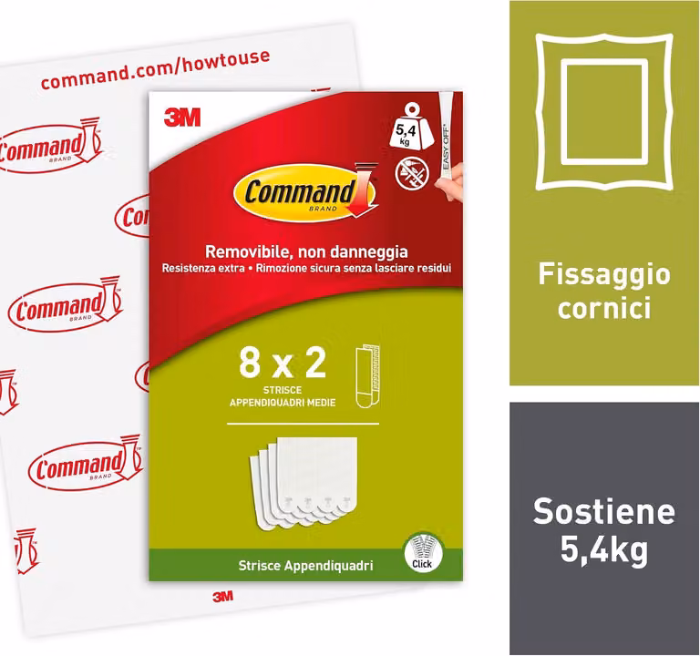 Confezione da 8 strisce adesive di medie dimensioni (16 strisce) - Colore: bianco - Ideali per appendere foto senza forare - Supportano fino a 5 kg - Si rimuovono senza lasciare residui