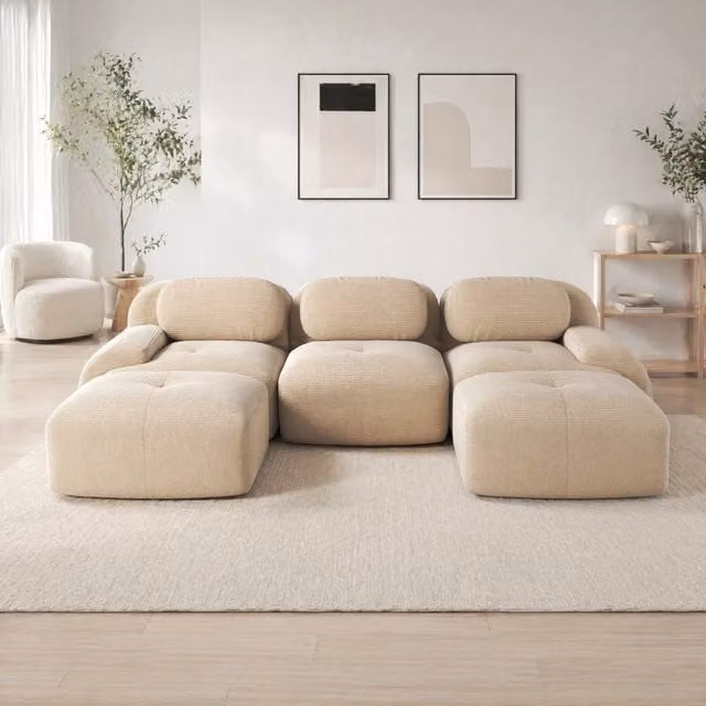 Divano modulare angolare frameless in tessuto effetto corduroy; beige