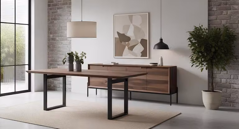 Tavolo da pranzo, credenza, stile moderno, colore marrone, comodo, legno