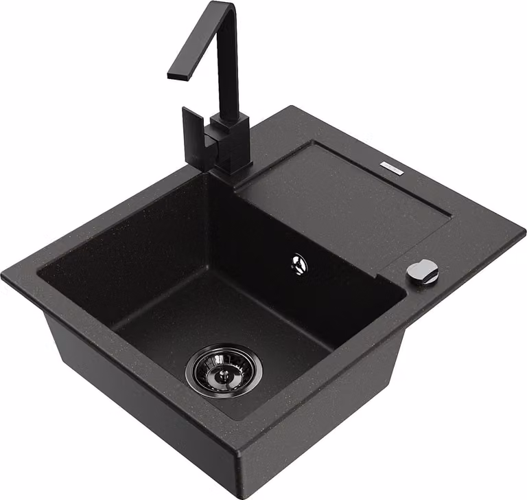 Mexen Enzo lavello in granito a 1 vasca con scolapiatti e rubinetto da cucina Rita, nero/oro metallizzato - 6506-75-670300-70-B