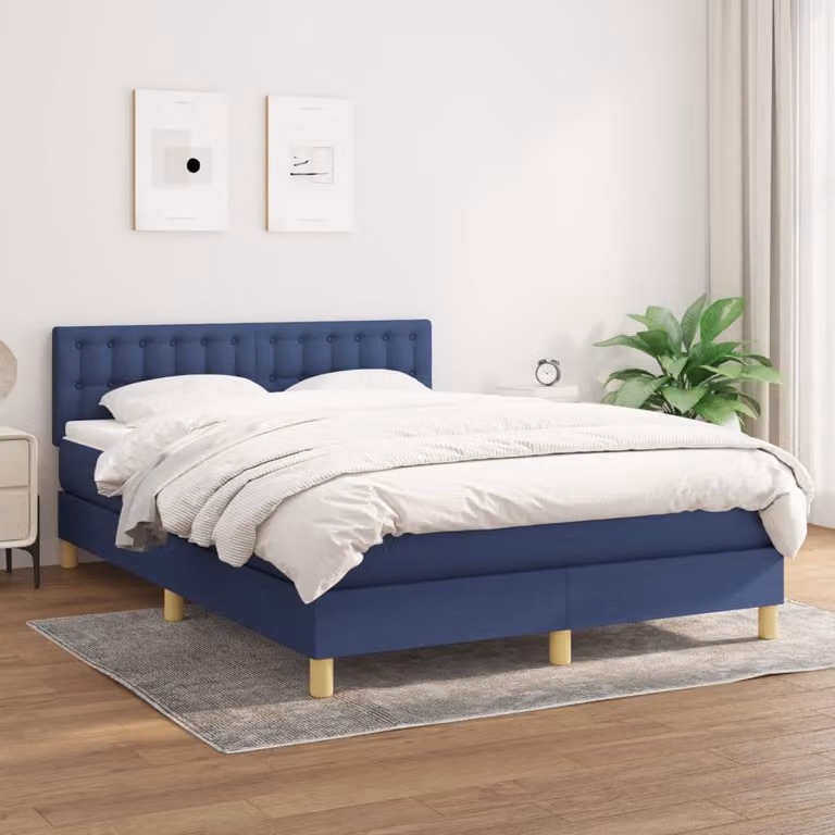 The Living Store Letto a molle con materasso Blu 140x190 cm in tessuto