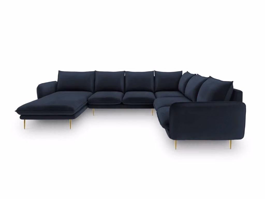 Divano panoramico destro Vienna di Cosmopolitan Design in velluto blu scuro, 7 posti, L 330 x P 158 x H 95 cm – 2
