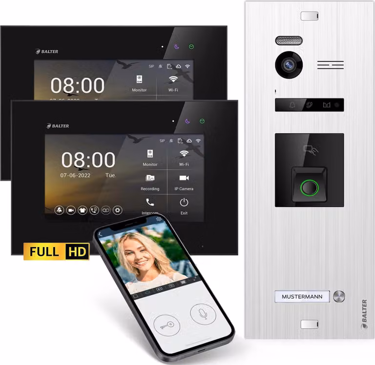 Videocitofono HD con impronta digitale RFID e app per smartphone per una casa monofamiliare, 2x monitor, Balter EVO HD Fingerprint