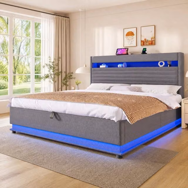 Letto contenitore imbottito 180x200 cm con sollevamento idraulico; LED; USB e Type-C; grigio