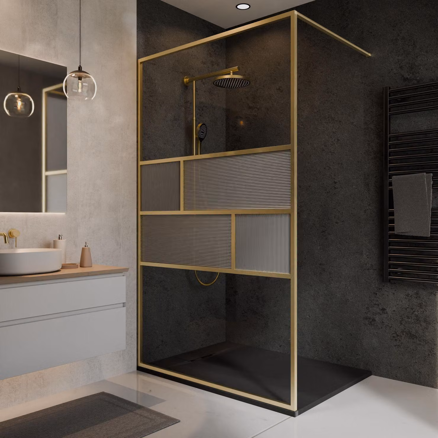 Parete doccia walk-in Schulte "Carvella" 140 x 200 cm, vetro di sicurezza da 6 mm con rivestimento Fixil, profilo effetto oro