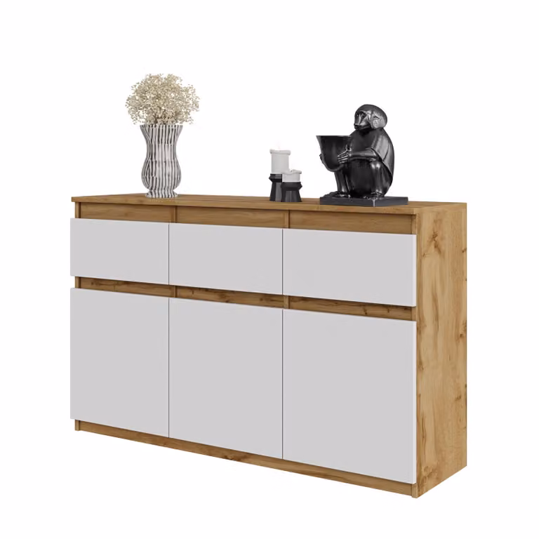 Comò 120 Cm Rovere Wotan / Bianco Opaco 3 Cassetti, 3 Ante, 3 Ripiani Soggiorno