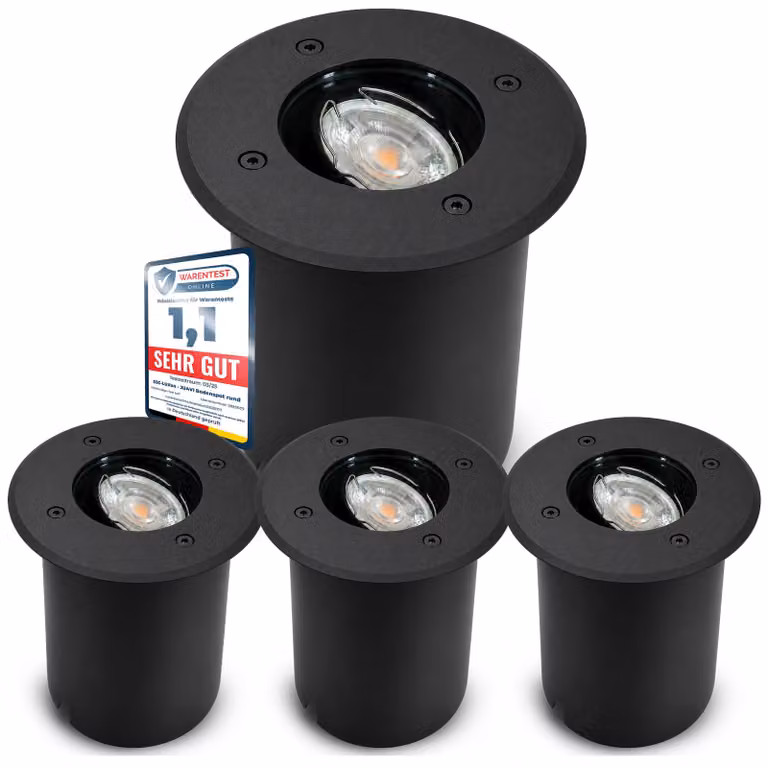 SSC-LUXon Set da 4 faretti da incasso a pavimento per esterni JUAVI IP67 - Faretti da incasso a pavimento rotondi nero opaco 230 V, resistenti al calpestio, per 1 lampadina GU10 (venduta separatamente)