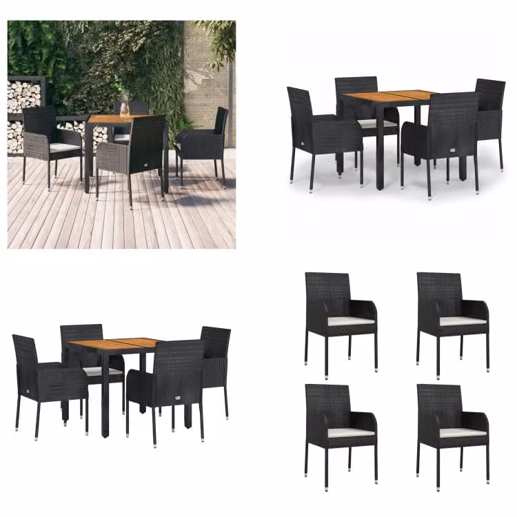vidaXL Set da pranzo da giardino 5 pezzi con cuscini in poly rattan nero - Set da pranzo da giardino - Set da pranzo da giardino - Set da pranzo da terrazza