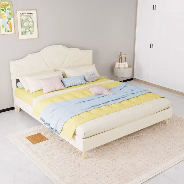 letto morbido tessuto e metallo beige 160 x 200 cm