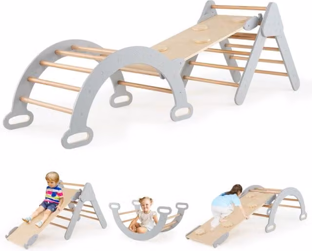 Set di 3 giocattoli da arrampicata Design Mania in legno per bambini dai 12 mesi in colore grigio con triangolo, arco e scivolo
