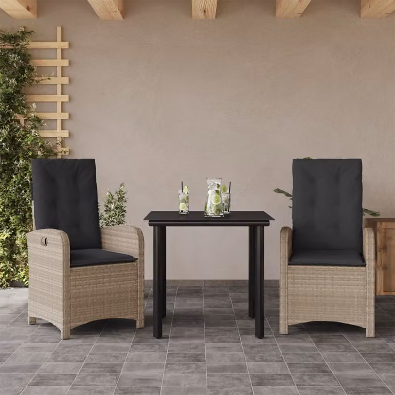 Set Pranzo da Giardino 3pz vidaXL in Polyrattan con Cuscini Grigio Chiaro e Piano in Vetro