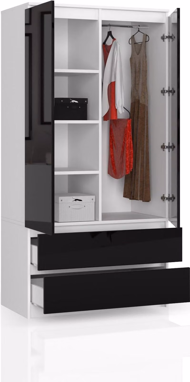 Armadio BDW 2 ante, 4 ripiani, bianco/nero, 180 x 90 x 51 cm