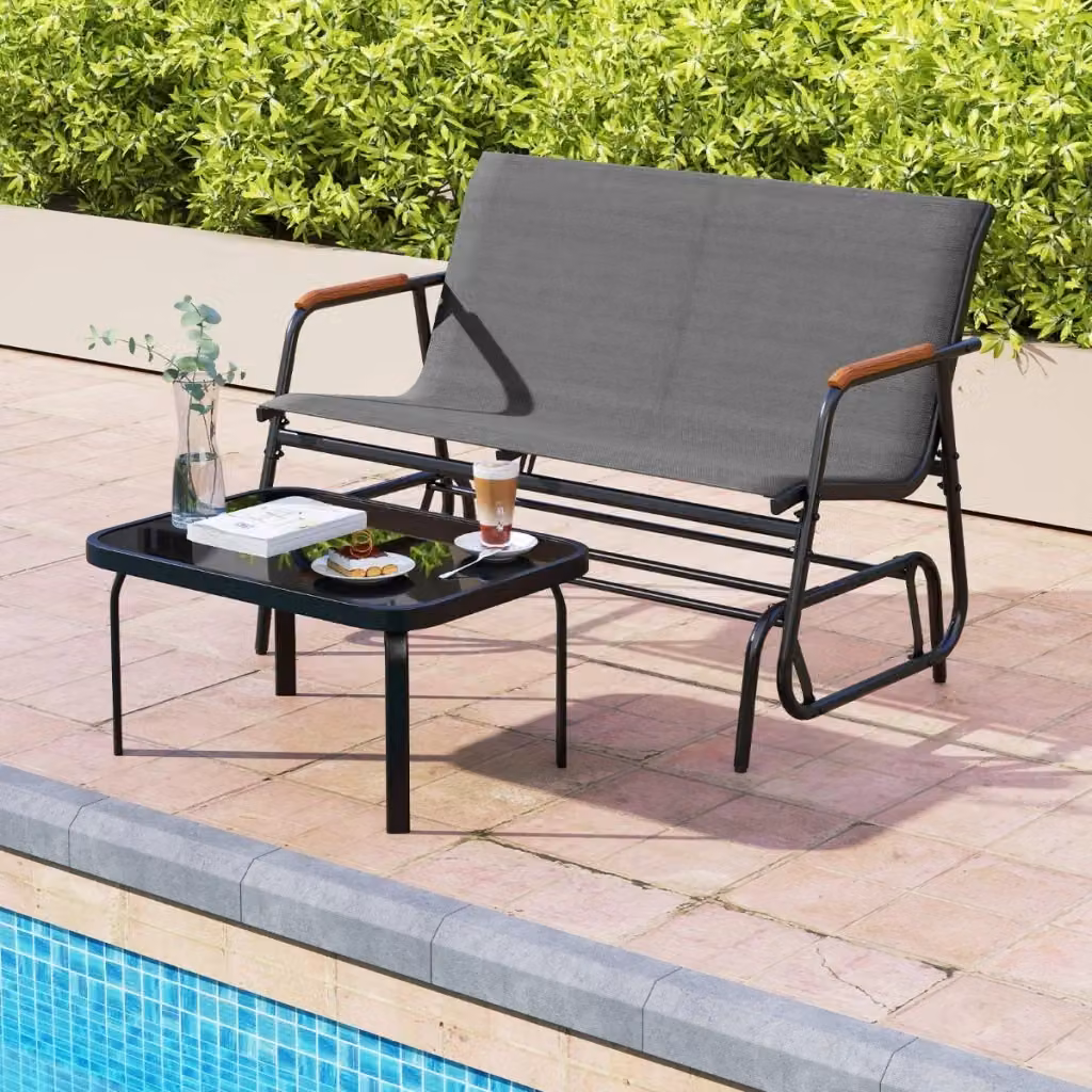 Panca a dondolo da esterno Design Mania per 2 persone con braccioli in legno di teak e seduta in tessuto traspirante Grigio e Nero – 2